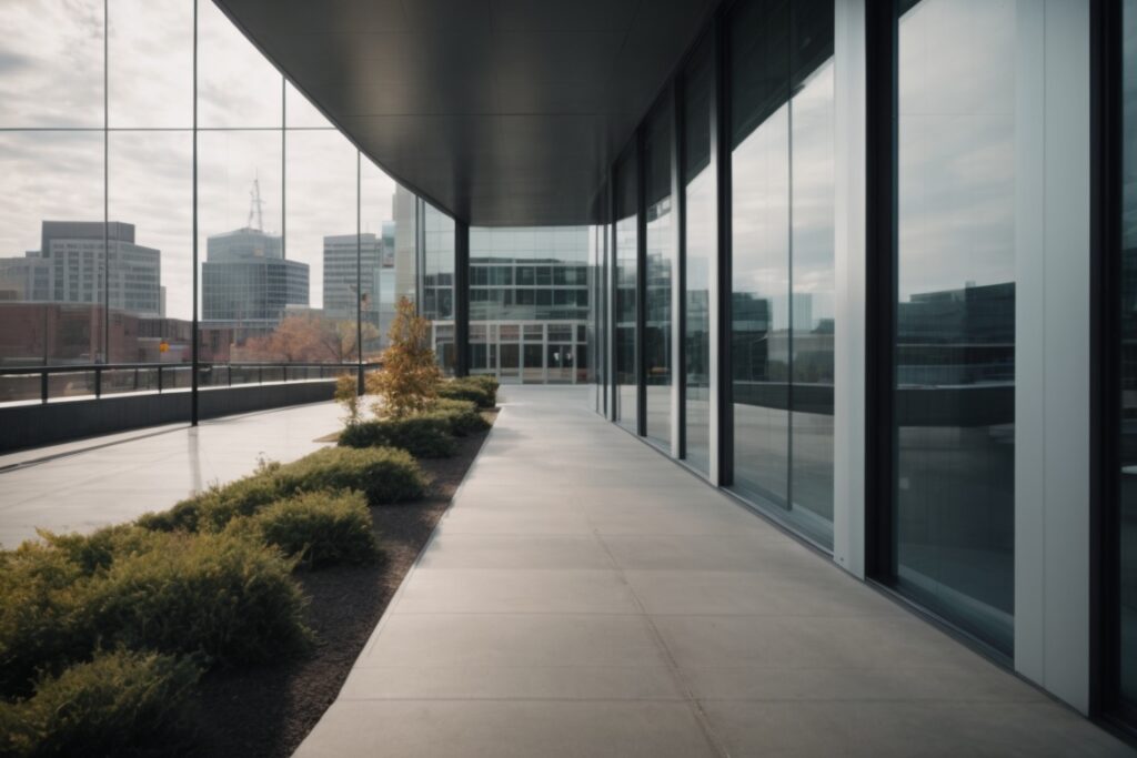 Modern office building with commercial window film, inner harbor visible, reducing glare and heat