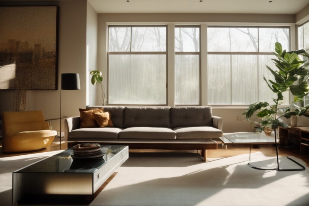 Interior of a modern home in Baltimore with opaque window films, sunlight filtered through
