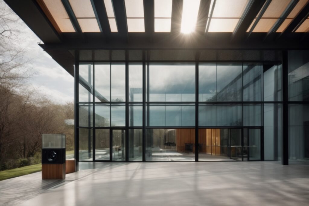 Building with solar window film installation, showing energy efficiency