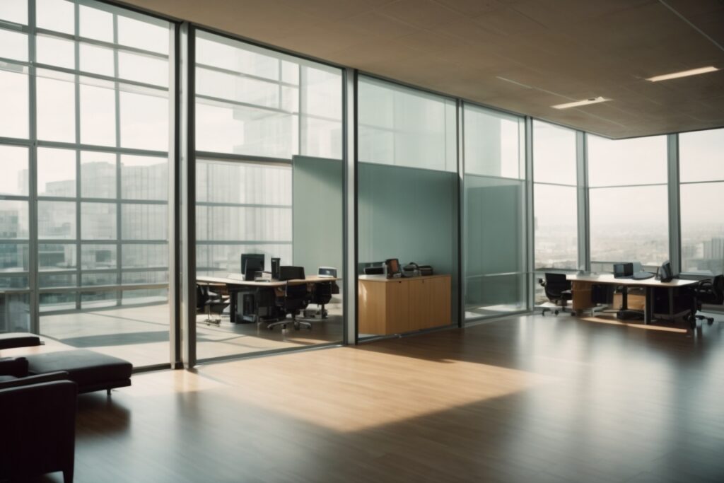 Interior office with glare reduction window film applied