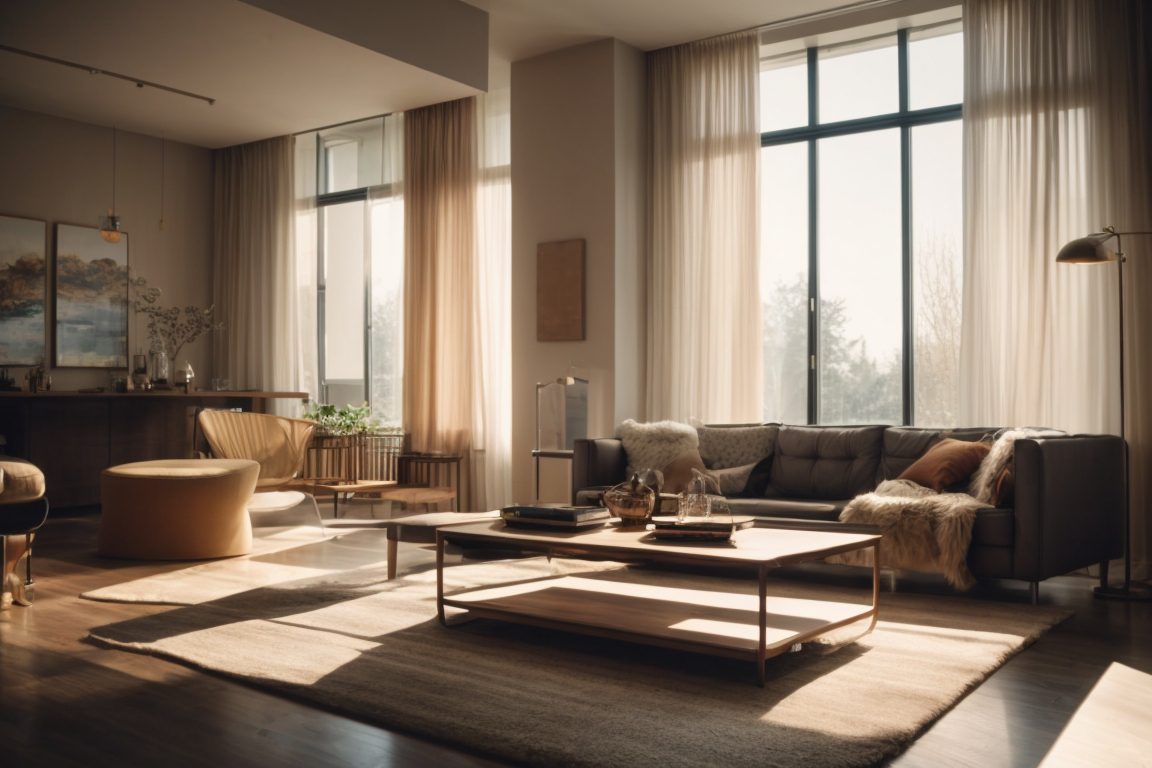 Interior living room with sunlight filtering through glare reduction window film