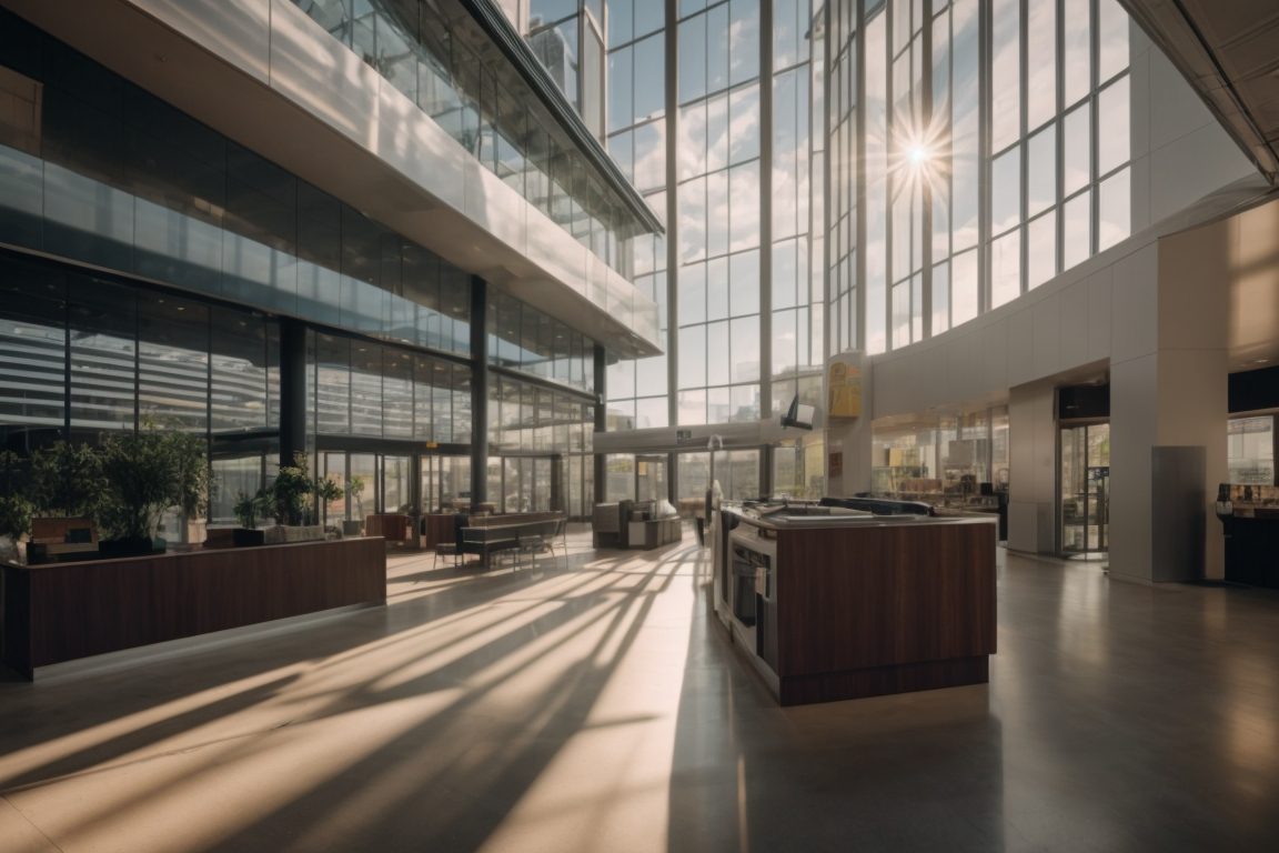 Baltimore business interior with solar control window film, sunlight filtering through