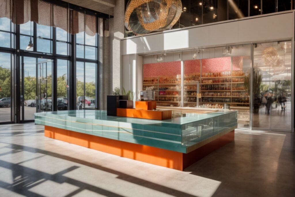 Baltimore event space with sunlit decorative window film, vibrant retail display