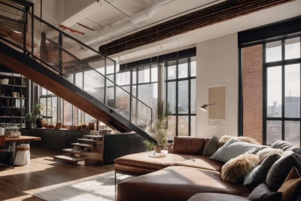 Interior of a modern Baltimore loft with large glare-reducing window films