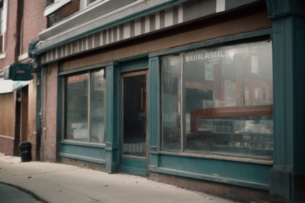 Baltimore business district storefront with broken windows and security film