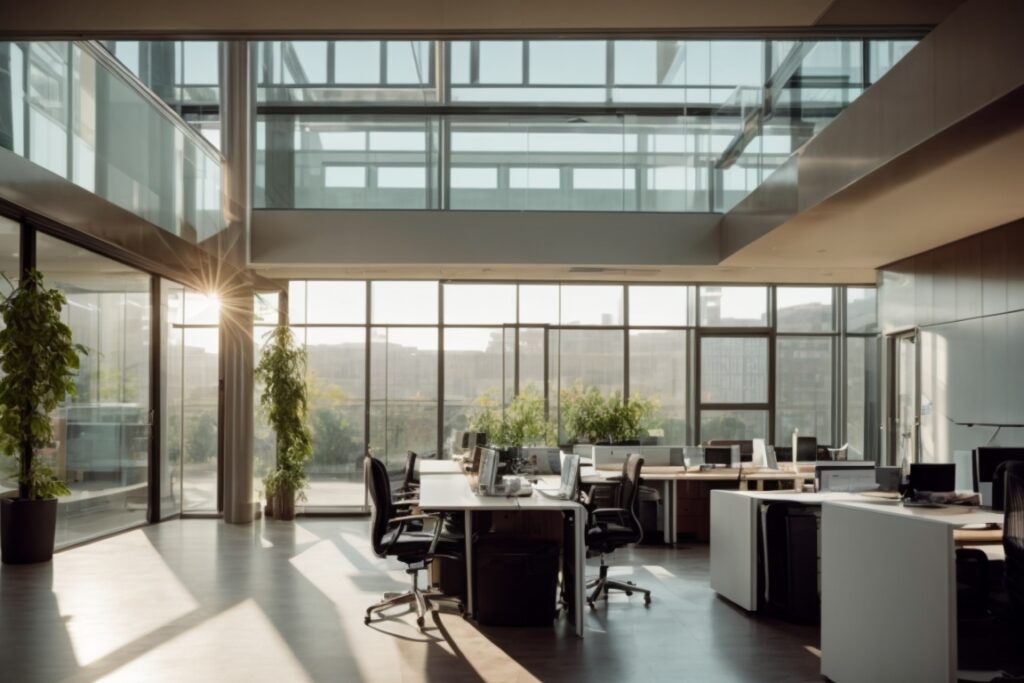 interior of a modern office with energy-saving window film, sunlight filtering through