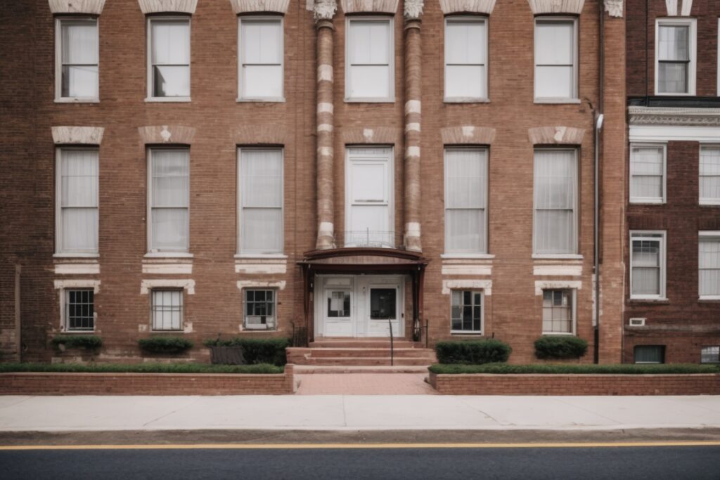 Exterior of historic Baltimore building with opaque windows