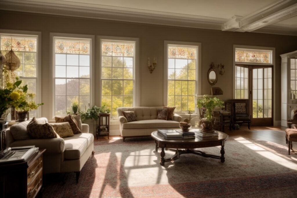 interior of a historic Baltimore home showing UV protection window film on large windows, sunlight filtering through with visible effects on delicate furnishings